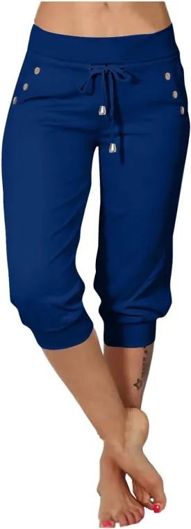 Capri Joggers for Women with Pockets High Waisted Drawstring Pants Baggy Sports Sweatpants Button Active Lounge Pants