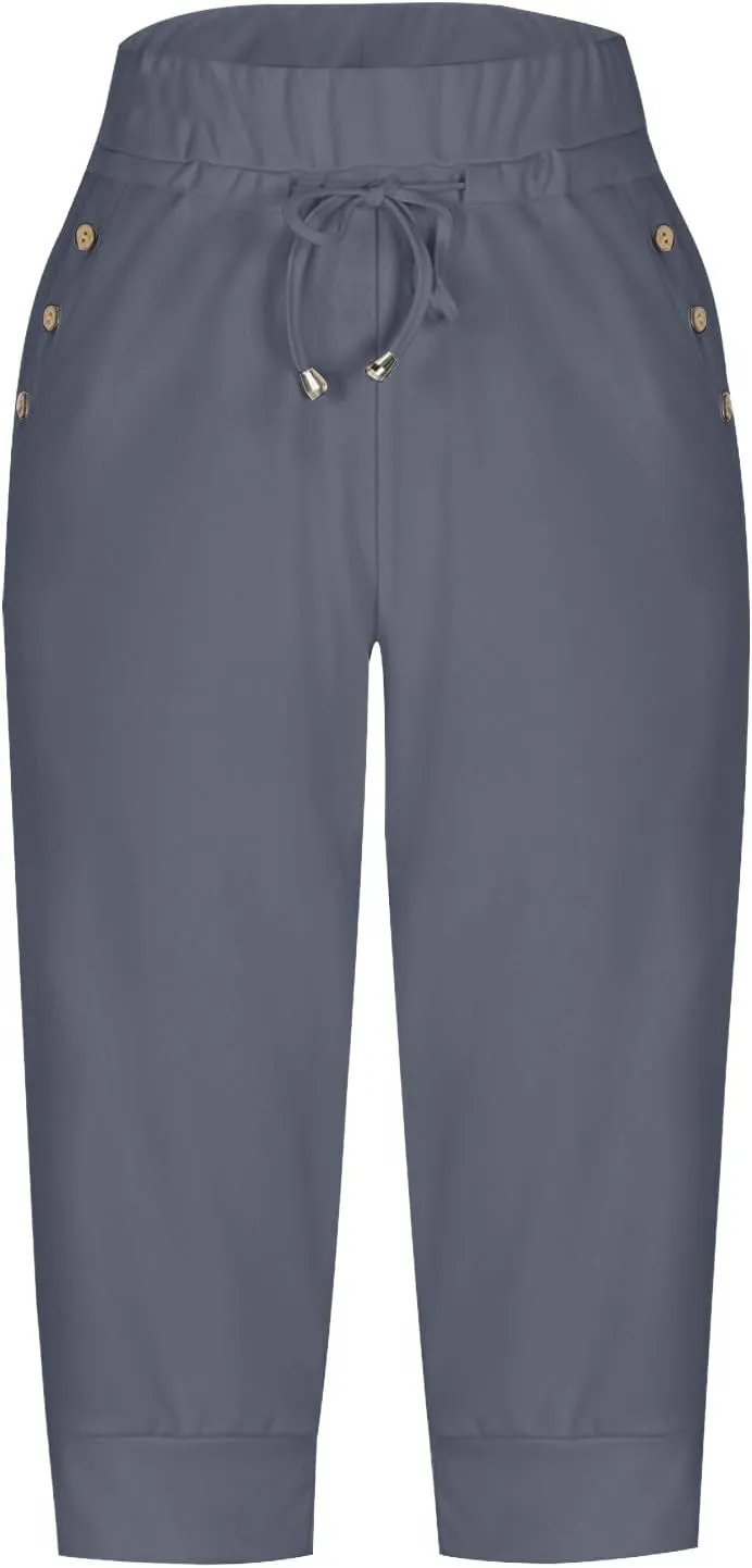 Capri Joggers for Women with Pockets High Waisted Drawstring Pants Baggy Sports Sweatpants Button Active Lounge Pants