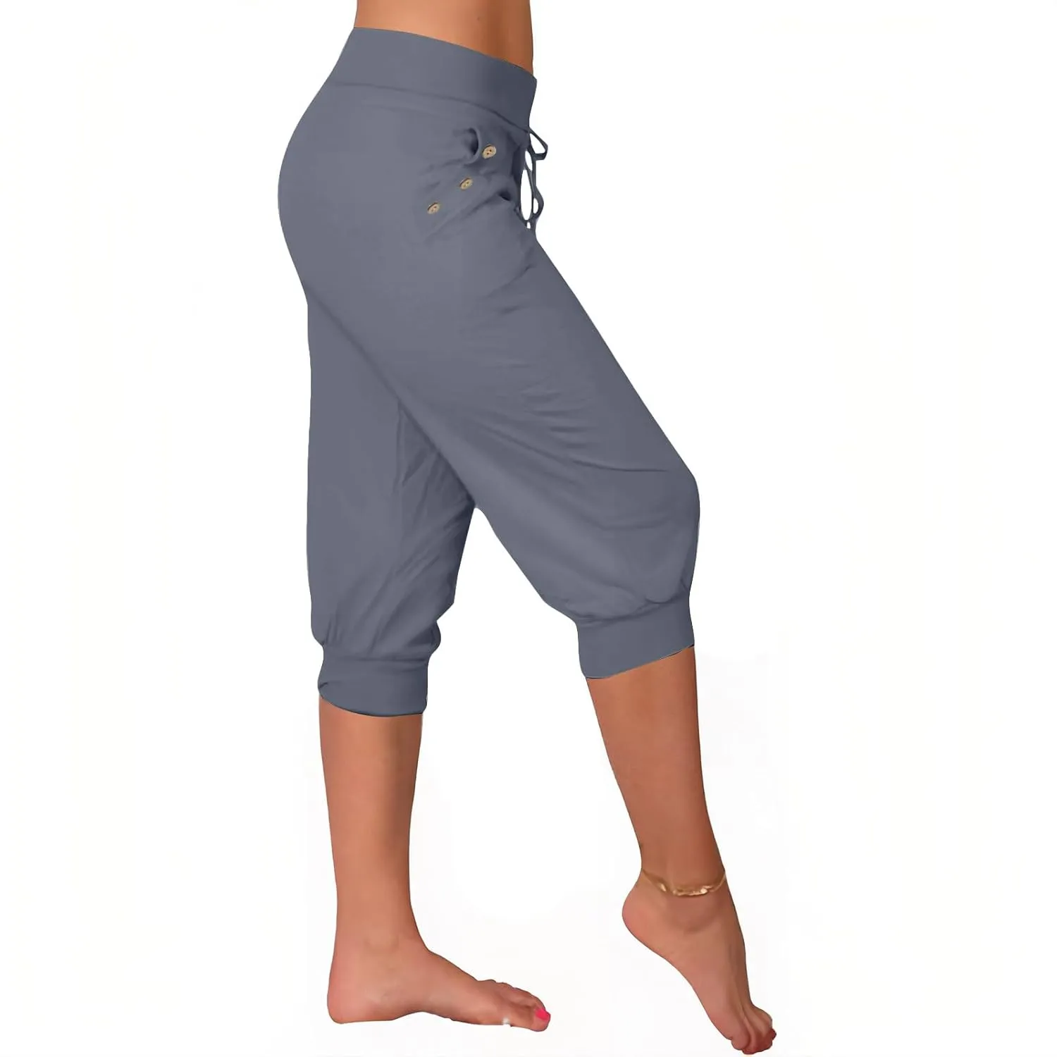 Capri Joggers for Women with Pockets High Waisted Drawstring Pants Baggy Sports Sweatpants Button Active Lounge Pants