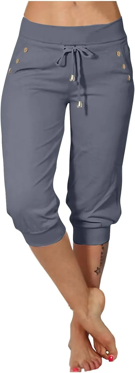 Capri Joggers for Women with Pockets High Waisted Drawstring Pants Baggy Sports Sweatpants Button Active Lounge Pants