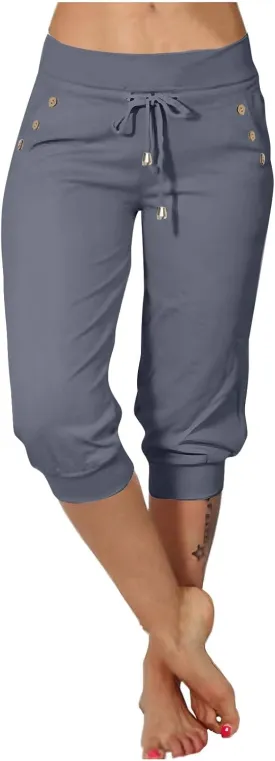 Capri Joggers for Women with Pockets High Waisted Drawstring Pants Baggy Sports Sweatpants Button Active Lounge Pants