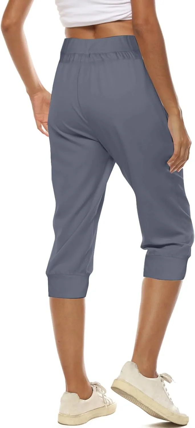 Capri Joggers for Women with Pockets High Waisted Drawstring Pants Baggy Sports Sweatpants Button Active Lounge Pants