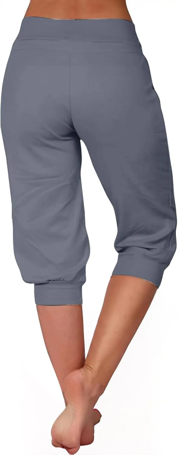 Capri Joggers for Women with Pockets High Waisted Drawstring Pants Baggy Sports Sweatpants Button Active Lounge Pants