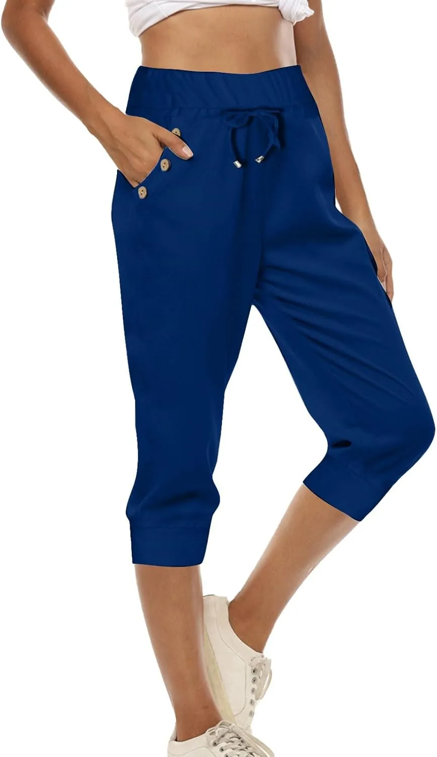 Capri Joggers for Women with Pockets High Waisted Drawstring Pants Baggy Sports Sweatpants Button Active Lounge Pants