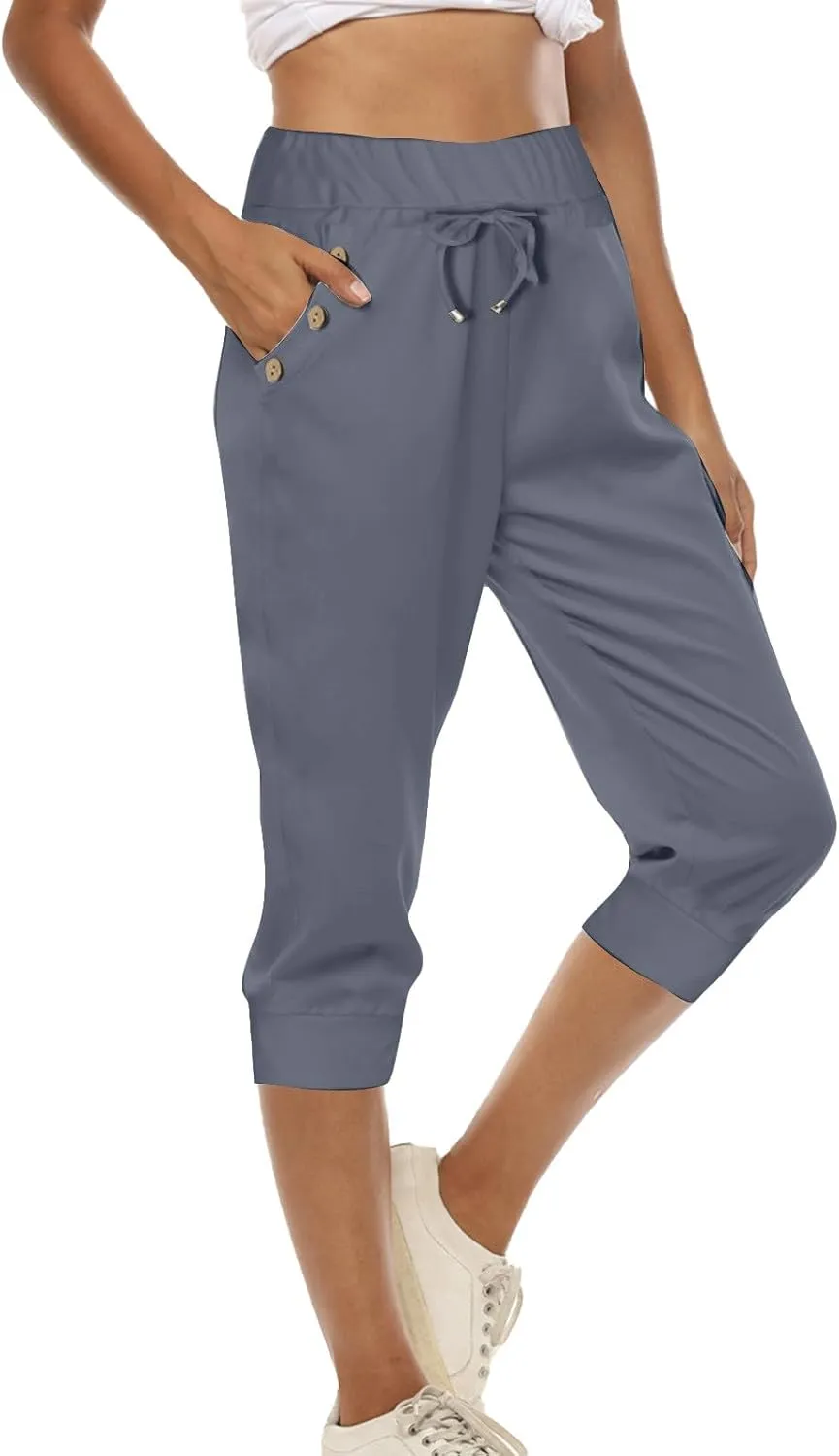 Capri Joggers for Women with Pockets High Waisted Drawstring Pants Baggy Sports Sweatpants Button Active Lounge Pants