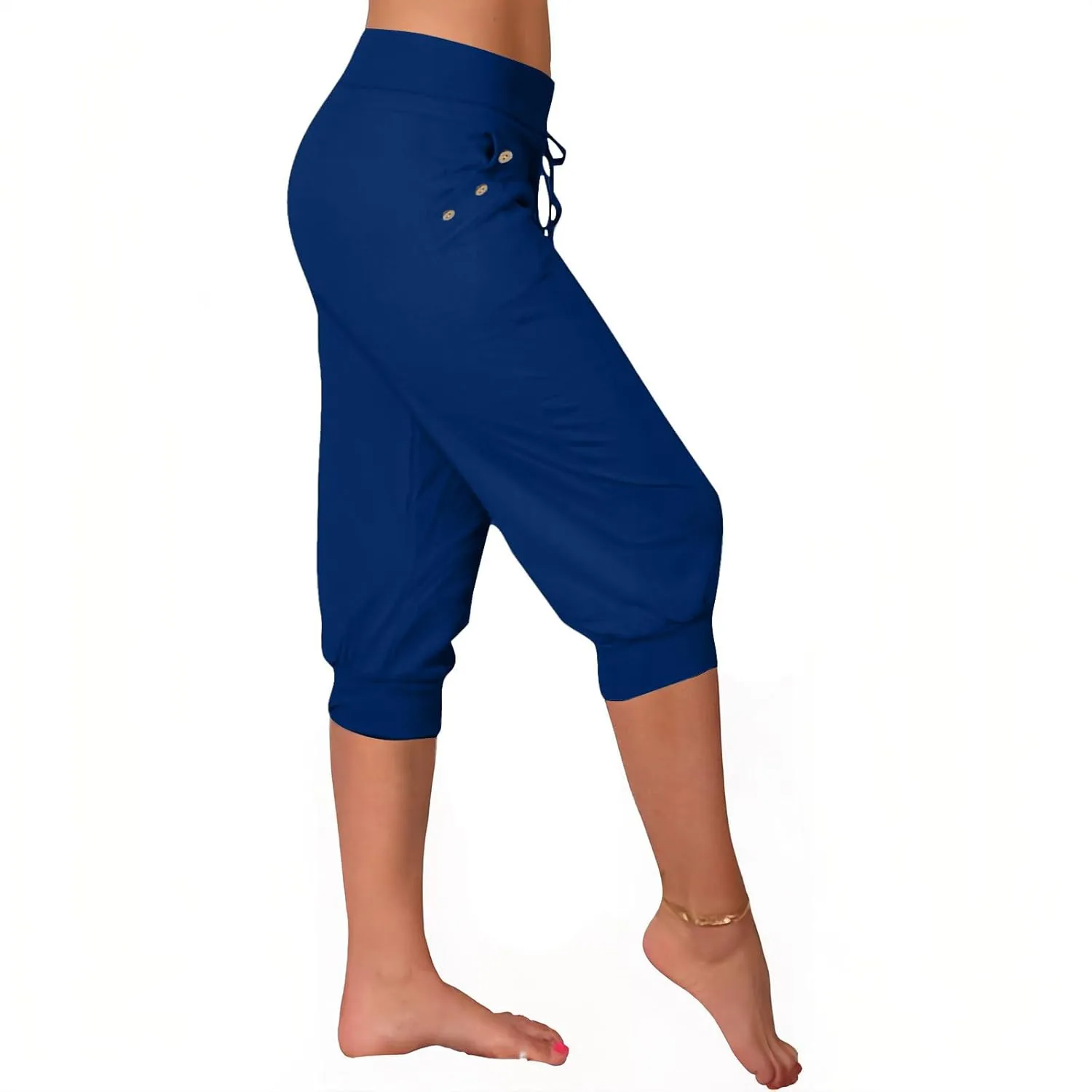 Capri Joggers for Women with Pockets High Waisted Drawstring Pants Baggy Sports Sweatpants Button Active Lounge Pants