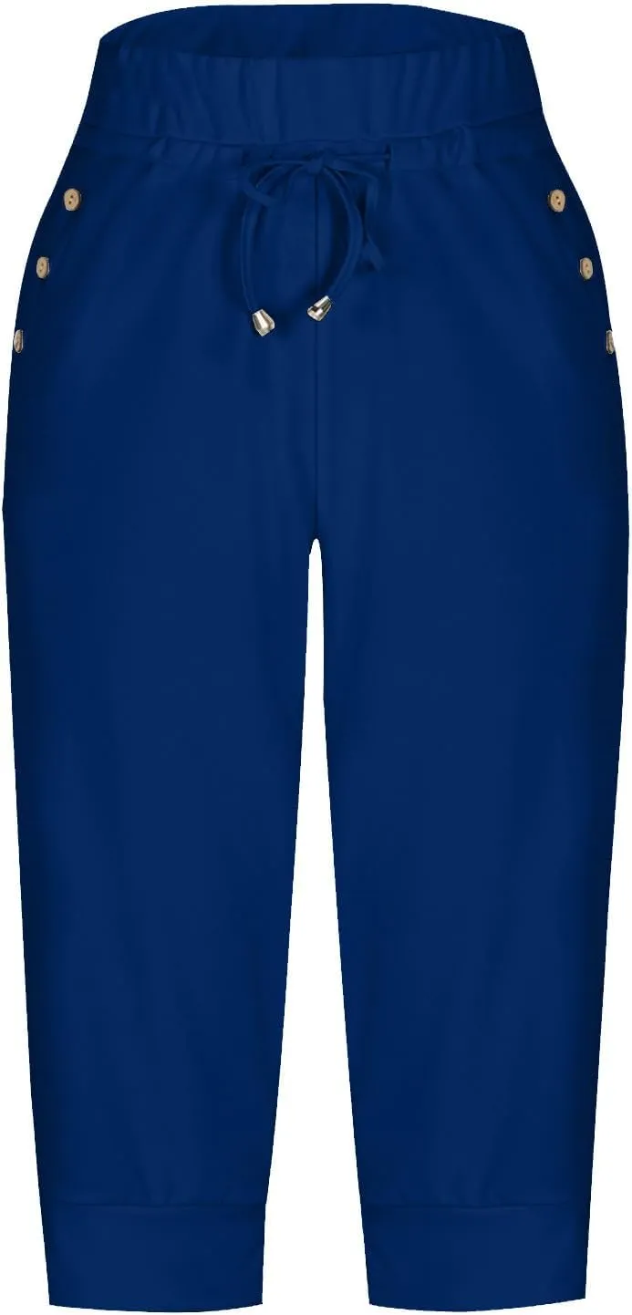 Capri Joggers for Women with Pockets High Waisted Drawstring Pants Baggy Sports Sweatpants Button Active Lounge Pants