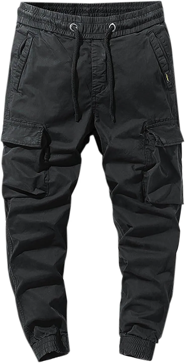 Casual Cargo Pants for Men Drawstring Elastic Waist Athletic Tapered Pants Outdoor Sports Joggers with Multi Pockets
