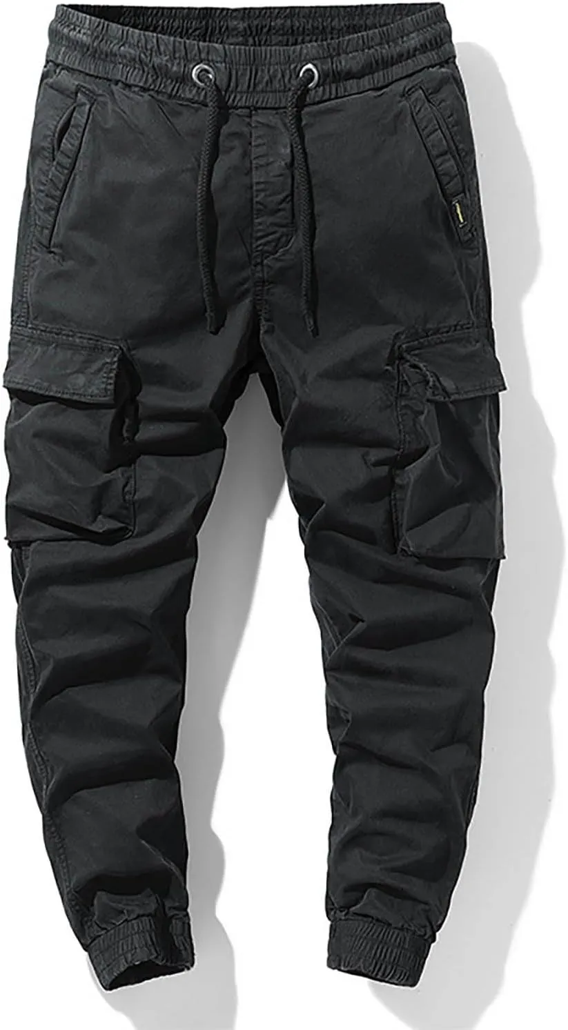Casual Cargo Pants for Men Drawstring Elastic Waist Athletic Tapered Pants Outdoor Sports Joggers with Multi Pockets