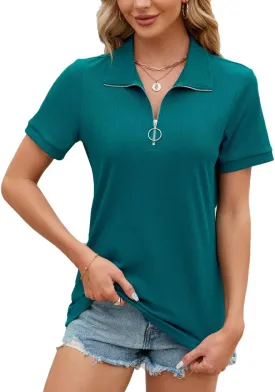 Eternatastic Women's Short Sleeve Polo Shirts Zipper Collar V Neck Business Casual Tops Loose Fit Tunic Shirt