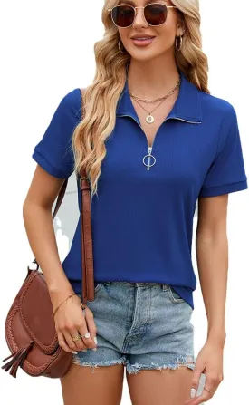 Eternatastic Women's Short Sleeve Polo Shirts Zipper Collar V Neck Business Casual Tops Loose Fit Tunic Shirt