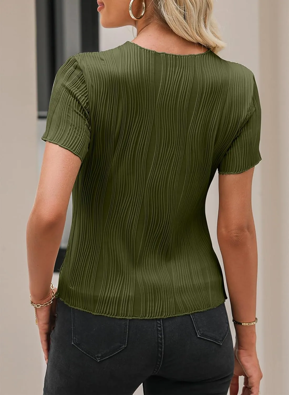 EVALESS Womens Short Sleeve Textured Tops Summer Casual Crewneck Solid Slim Fitted Basic T Shirts Tee Blouses