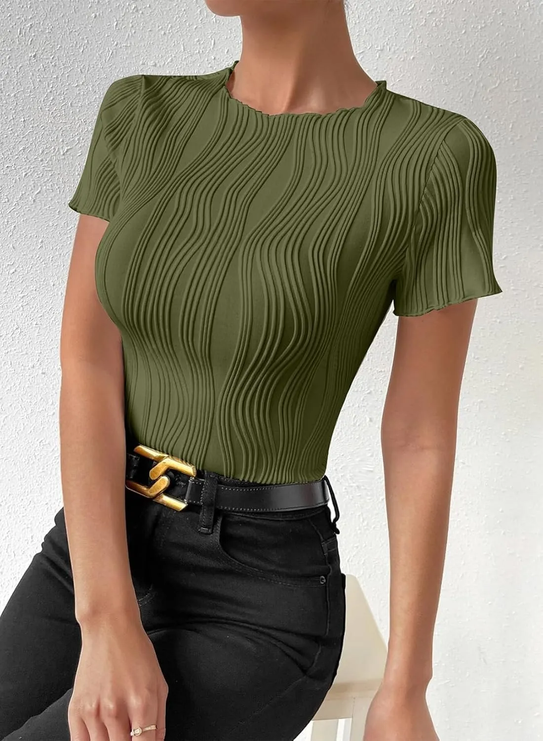 EVALESS Womens Short Sleeve Textured Tops Summer Casual Crewneck Solid Slim Fitted Basic T Shirts Tee Blouses