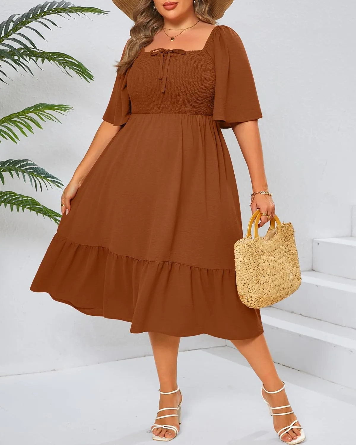 Ficerd Women's Plus Size Flowy Maxi Dress, Boho Bell Short Sleeves Square Neck Pleated Ruffle Layered A Line Party Long Dress