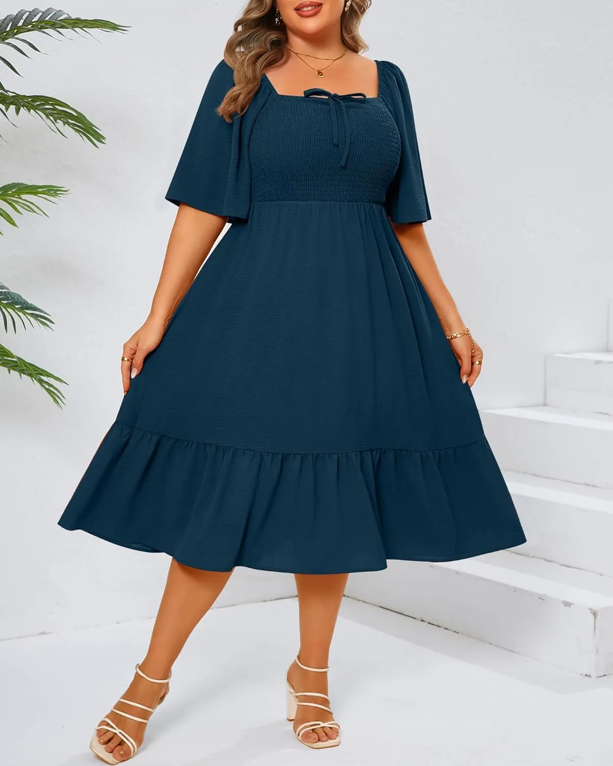 Ficerd Women's Plus Size Flowy Maxi Dress, Boho Bell Short Sleeves Square Neck Pleated Ruffle Layered A Line Party Long Dress