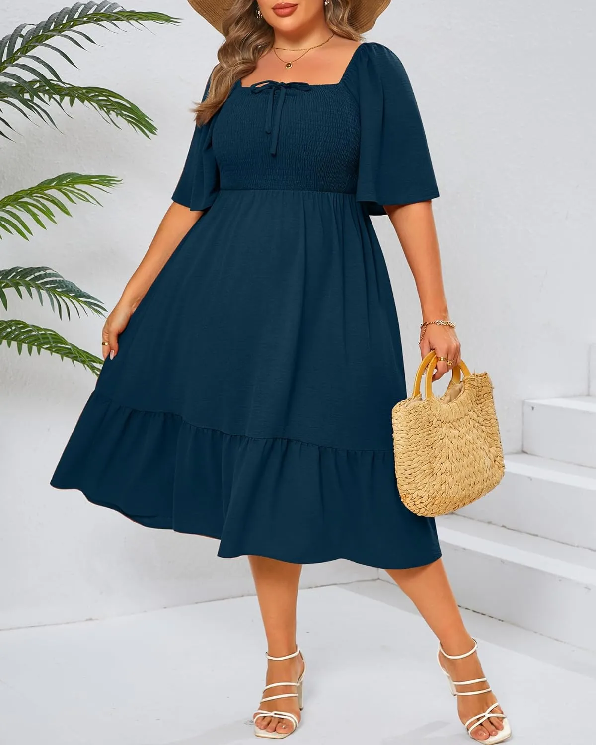 Ficerd Women's Plus Size Flowy Maxi Dress, Boho Bell Short Sleeves Square Neck Pleated Ruffle Layered A Line Party Long Dress