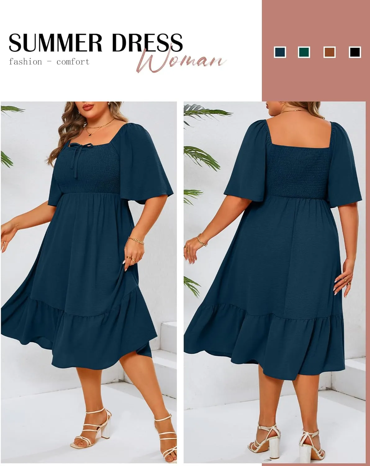 Ficerd Women's Plus Size Flowy Maxi Dress, Boho Bell Short Sleeves Square Neck Pleated Ruffle Layered A Line Party Long Dress