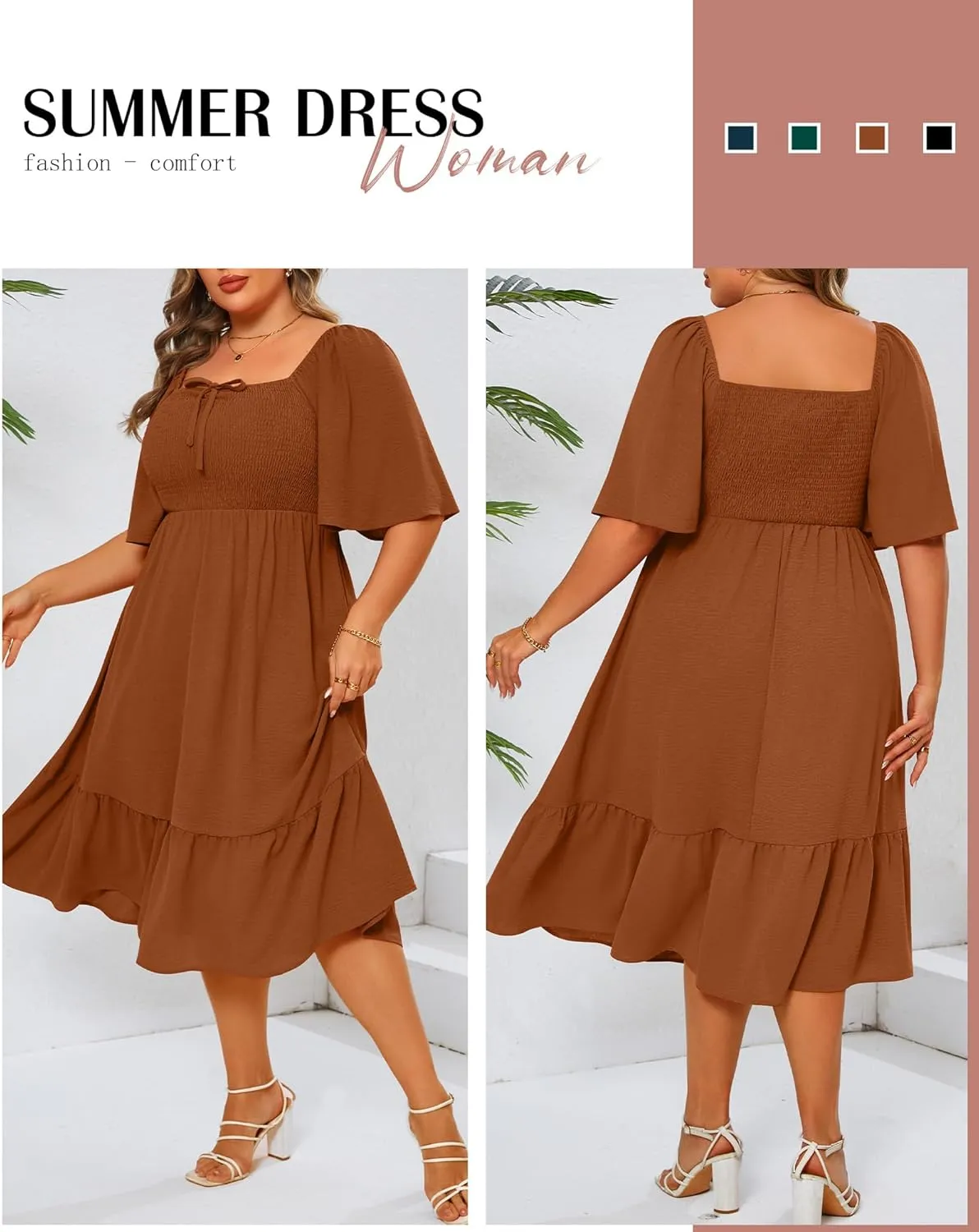 Ficerd Women's Plus Size Flowy Maxi Dress, Boho Bell Short Sleeves Square Neck Pleated Ruffle Layered A Line Party Long Dress