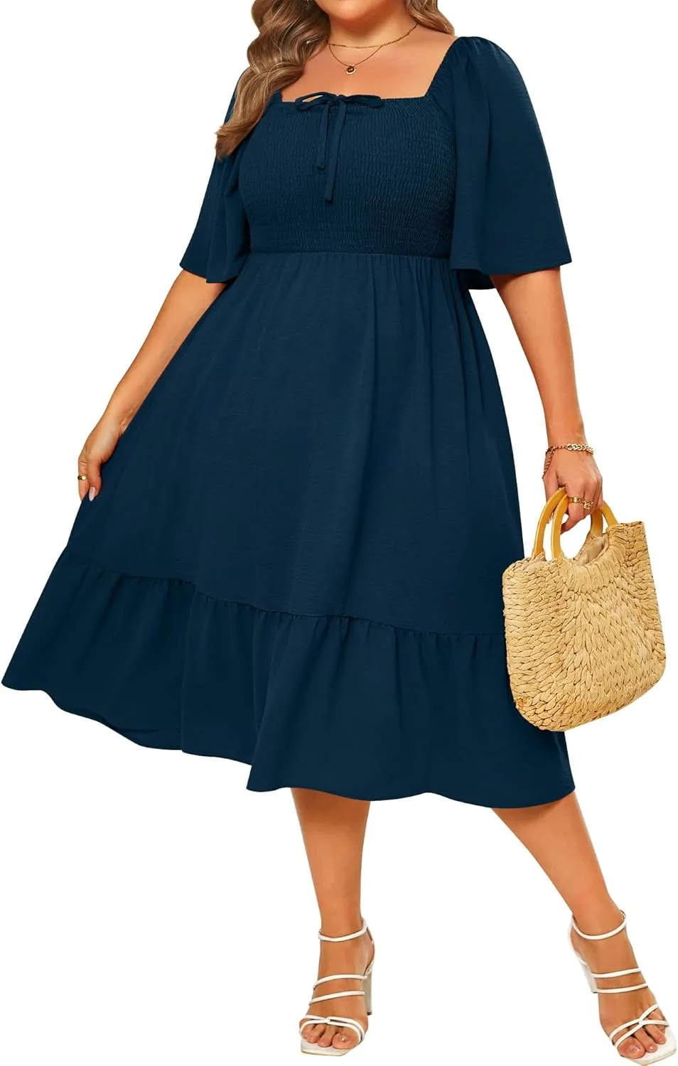 Ficerd Women's Plus Size Flowy Maxi Dress, Boho Bell Short Sleeves Square Neck Pleated Ruffle Layered A Line Party Long Dress