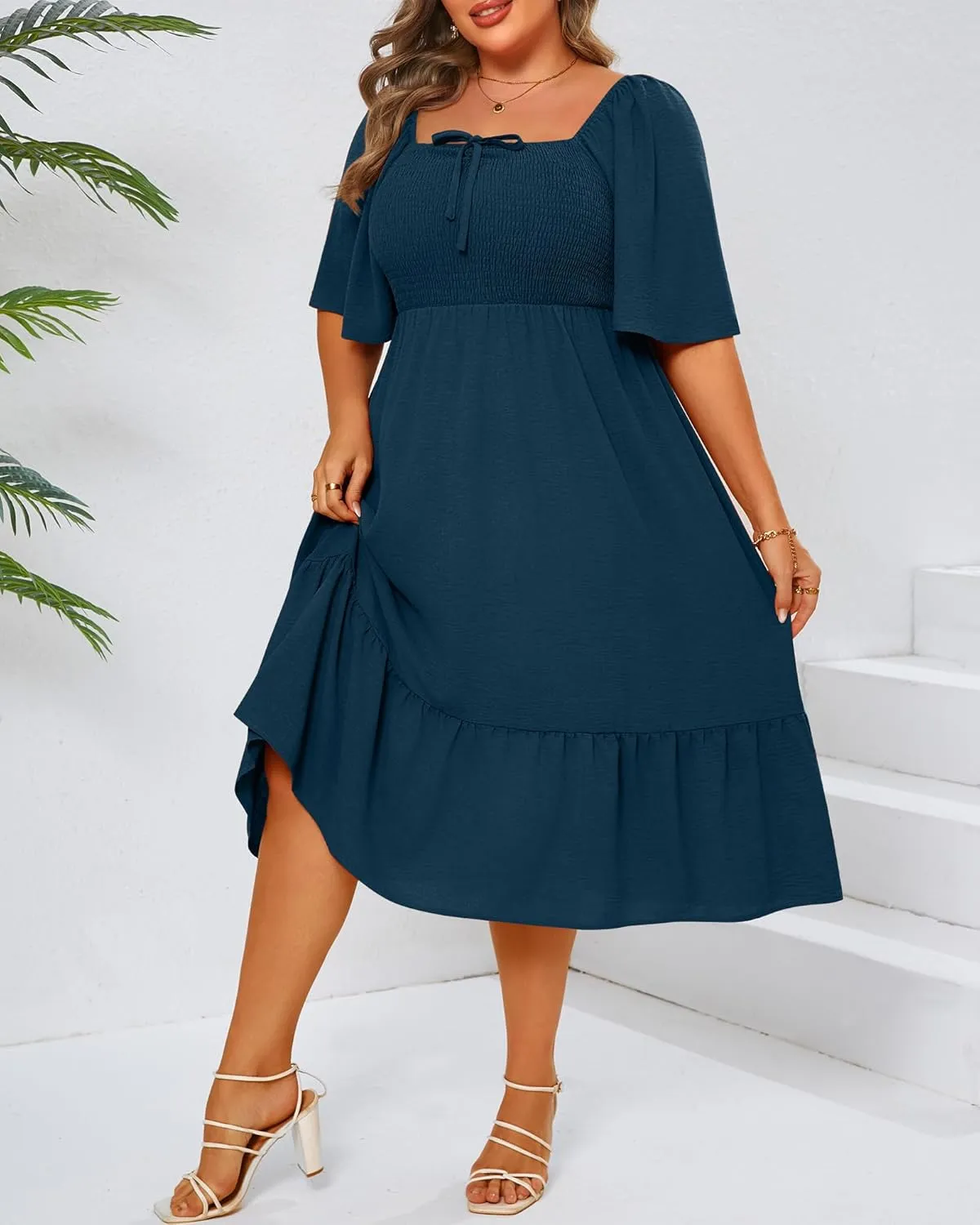 Ficerd Women's Plus Size Flowy Maxi Dress, Boho Bell Short Sleeves Square Neck Pleated Ruffle Layered A Line Party Long Dress