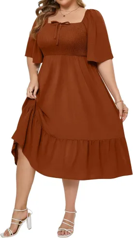 Ficerd Women's Plus Size Flowy Maxi Dress, Boho Bell Short Sleeves Square Neck Pleated Ruffle Layered A Line Party Long Dress