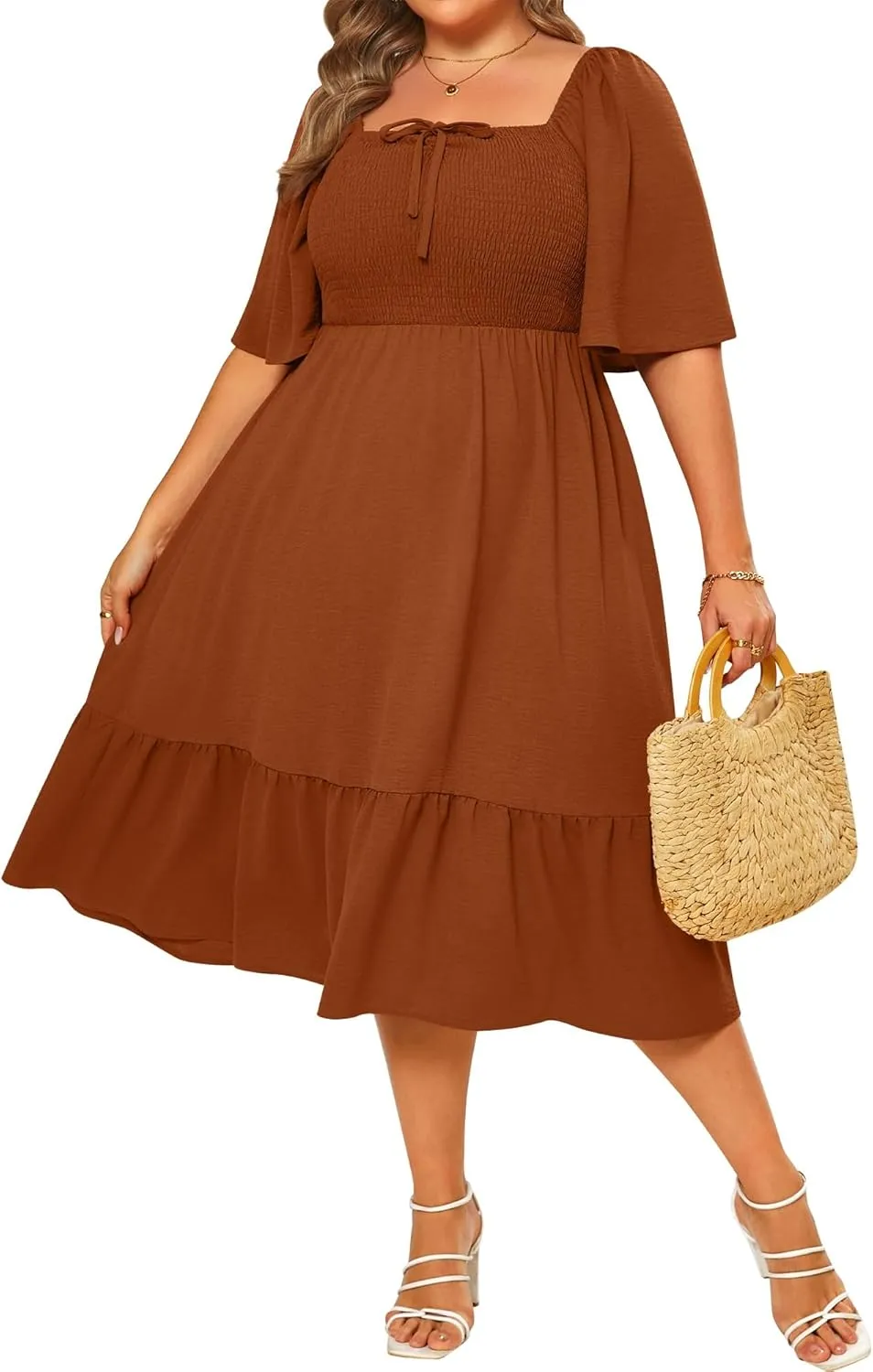 Ficerd Women's Plus Size Flowy Maxi Dress, Boho Bell Short Sleeves Square Neck Pleated Ruffle Layered A Line Party Long Dress