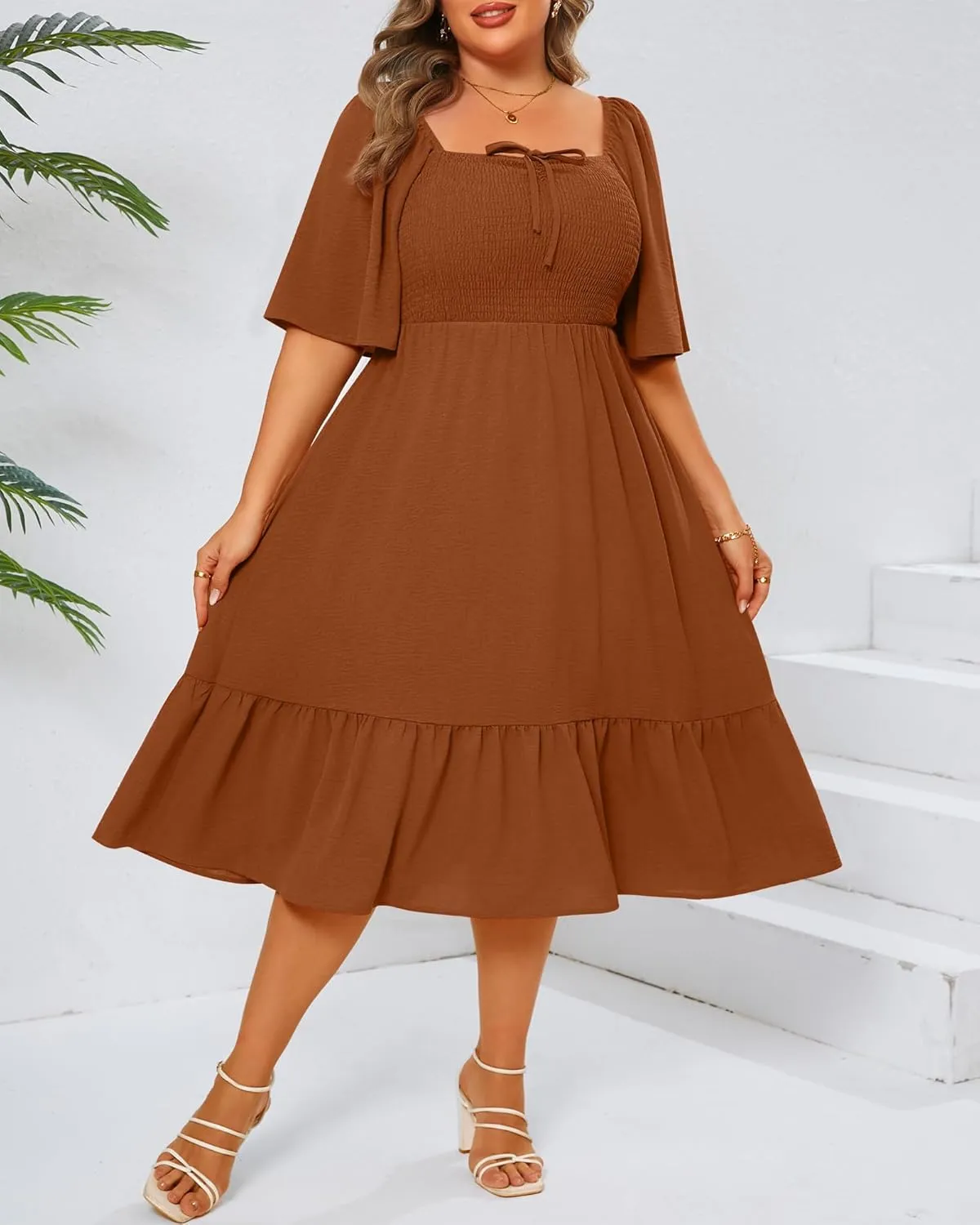Ficerd Women's Plus Size Flowy Maxi Dress, Boho Bell Short Sleeves Square Neck Pleated Ruffle Layered A Line Party Long Dress