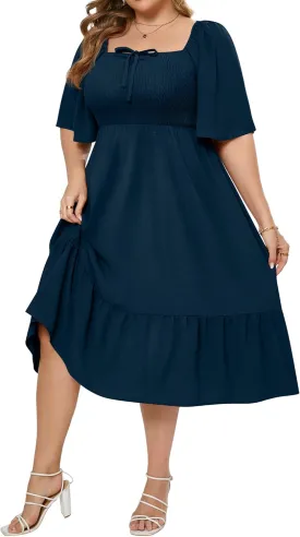 Ficerd Women's Plus Size Flowy Maxi Dress, Boho Bell Short Sleeves Square Neck Pleated Ruffle Layered A Line Party Long Dress