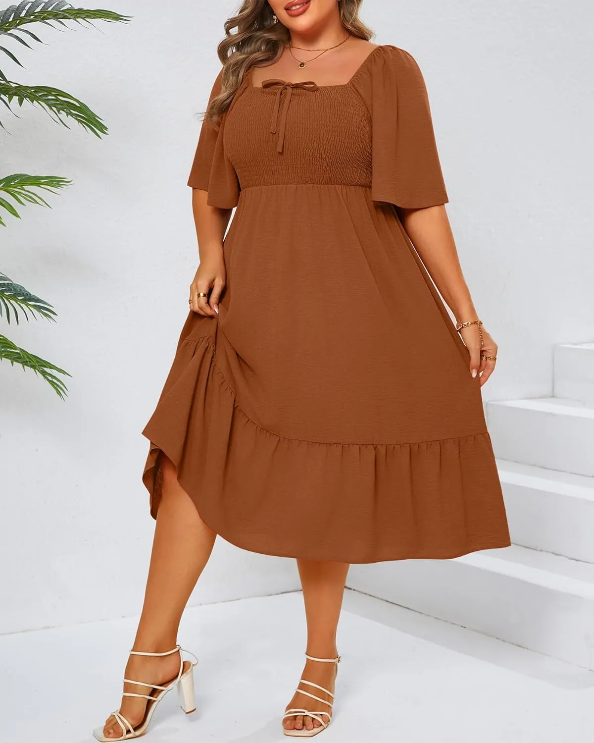 Ficerd Women's Plus Size Flowy Maxi Dress, Boho Bell Short Sleeves Square Neck Pleated Ruffle Layered A Line Party Long Dress