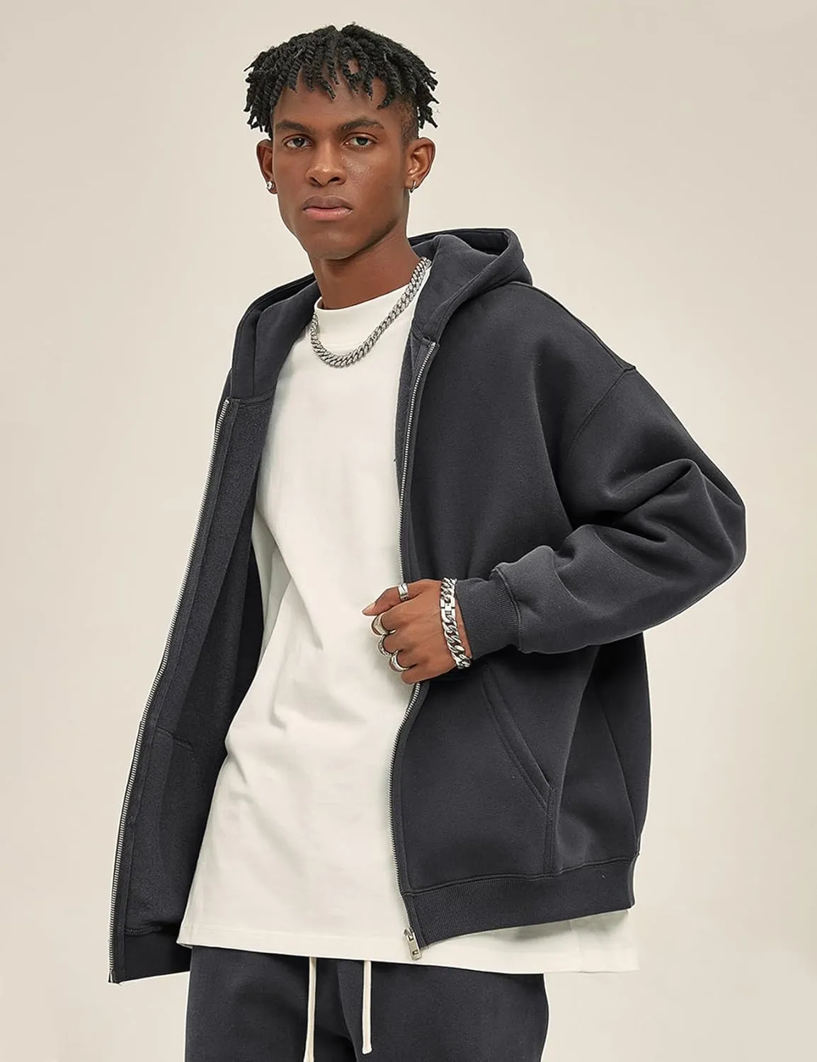 Flygo Mens Zip Up Hoodies Oversized Fleece Long Sleeve Drop Shoulder Hooded Sweatshirt Trendy Vintage Streetwear