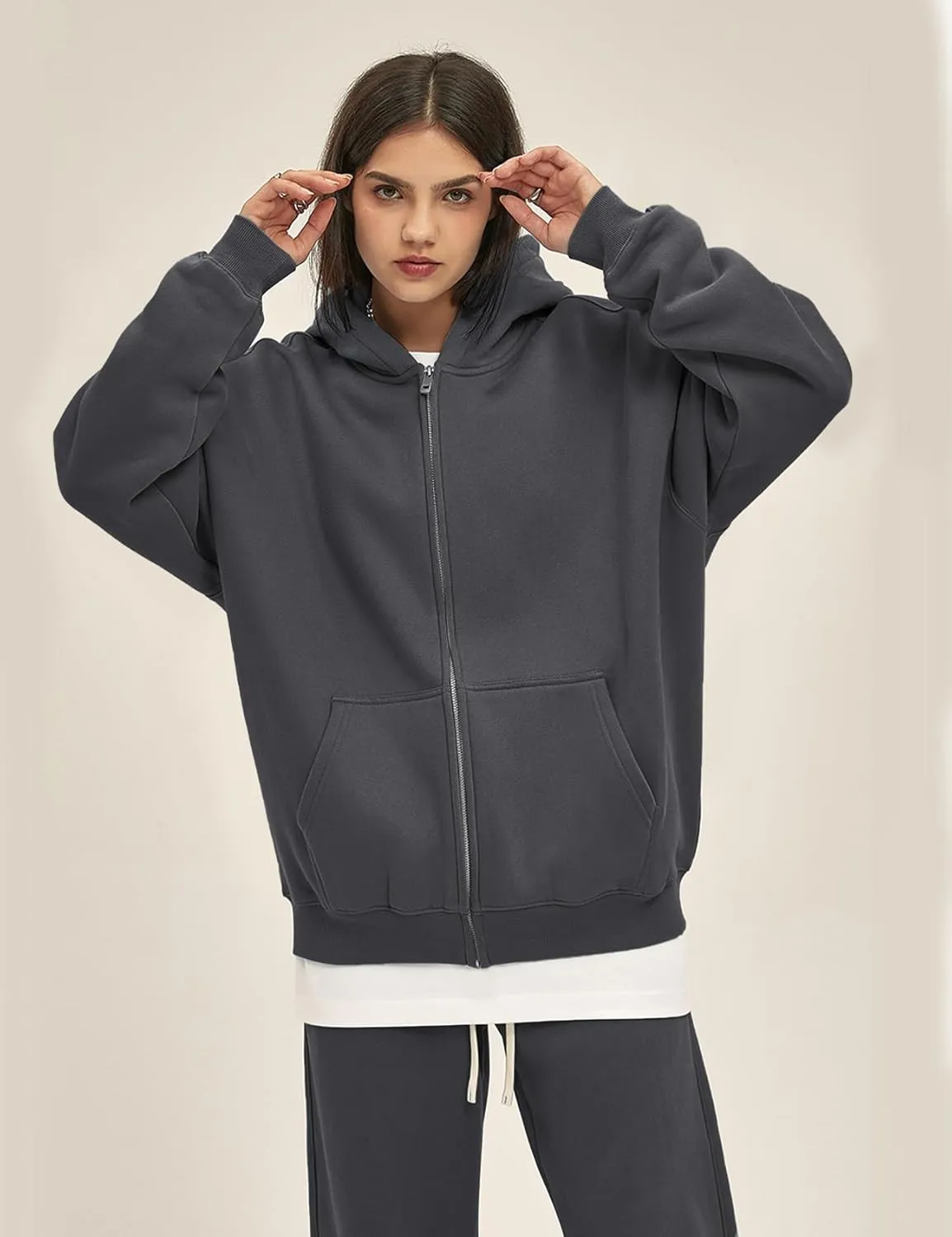 Flygo Mens Zip Up Hoodies Oversized Fleece Long Sleeve Drop Shoulder Hooded Sweatshirt Trendy Vintage Streetwear