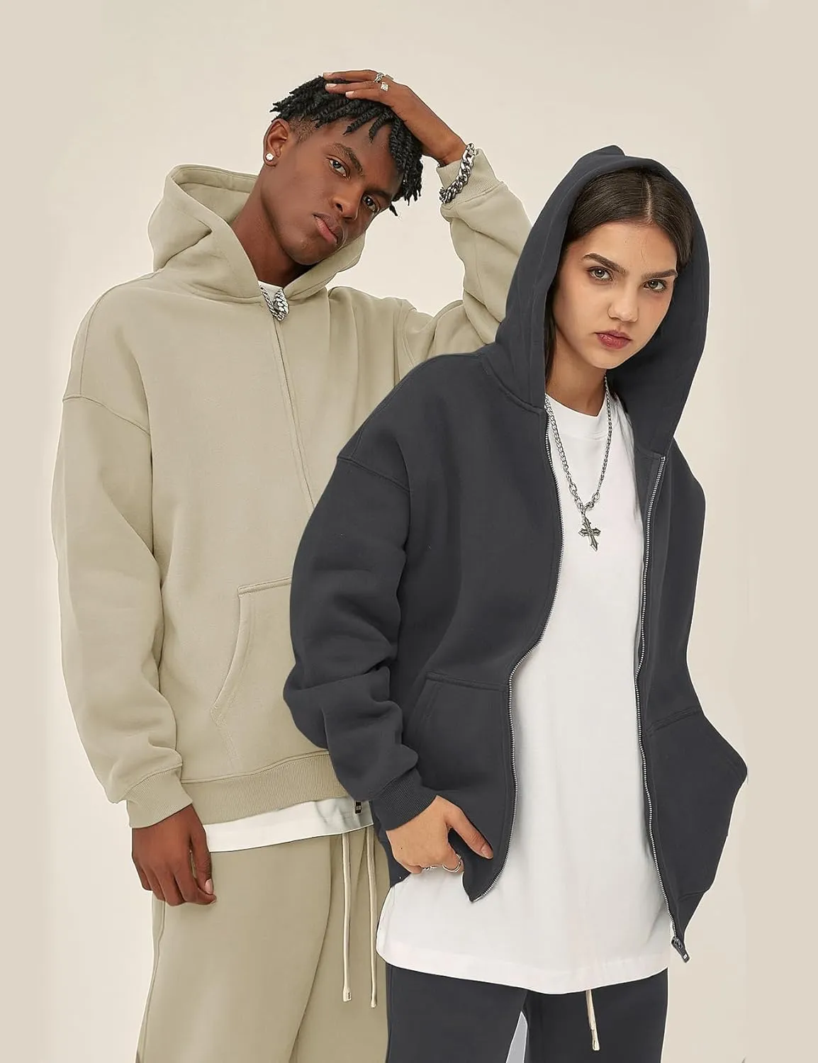 Flygo Mens Zip Up Hoodies Oversized Fleece Long Sleeve Drop Shoulder Hooded Sweatshirt Trendy Vintage Streetwear