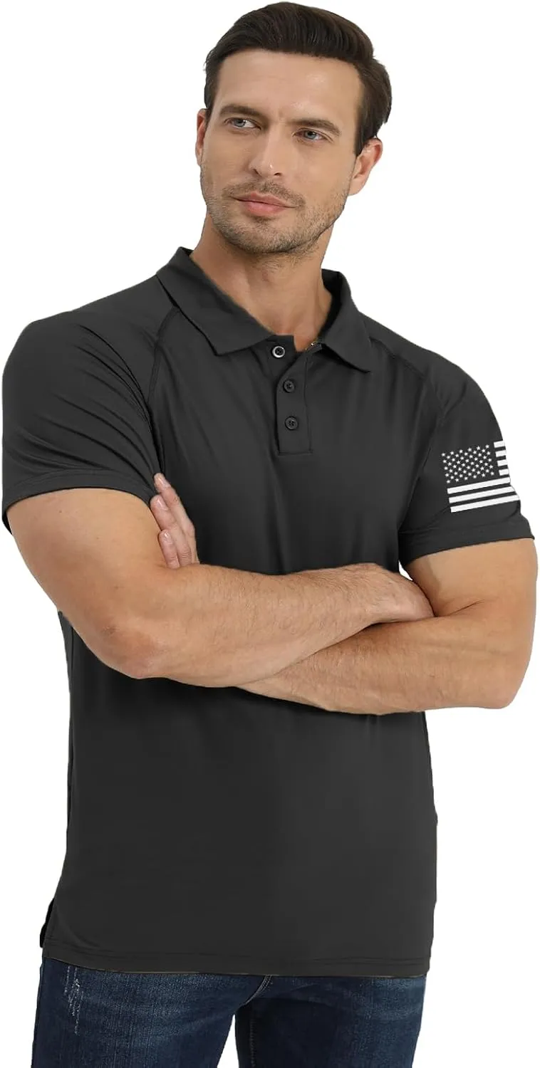 H HYFOL Short Sleeve Polo Shirts for Men Graphic Stretch Casual American Patriotic Raglan Golf Polos for Men