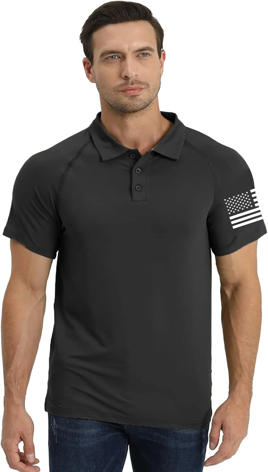 H HYFOL Short Sleeve Polo Shirts for Men Graphic Stretch Casual American Patriotic Raglan Golf Polos for Men