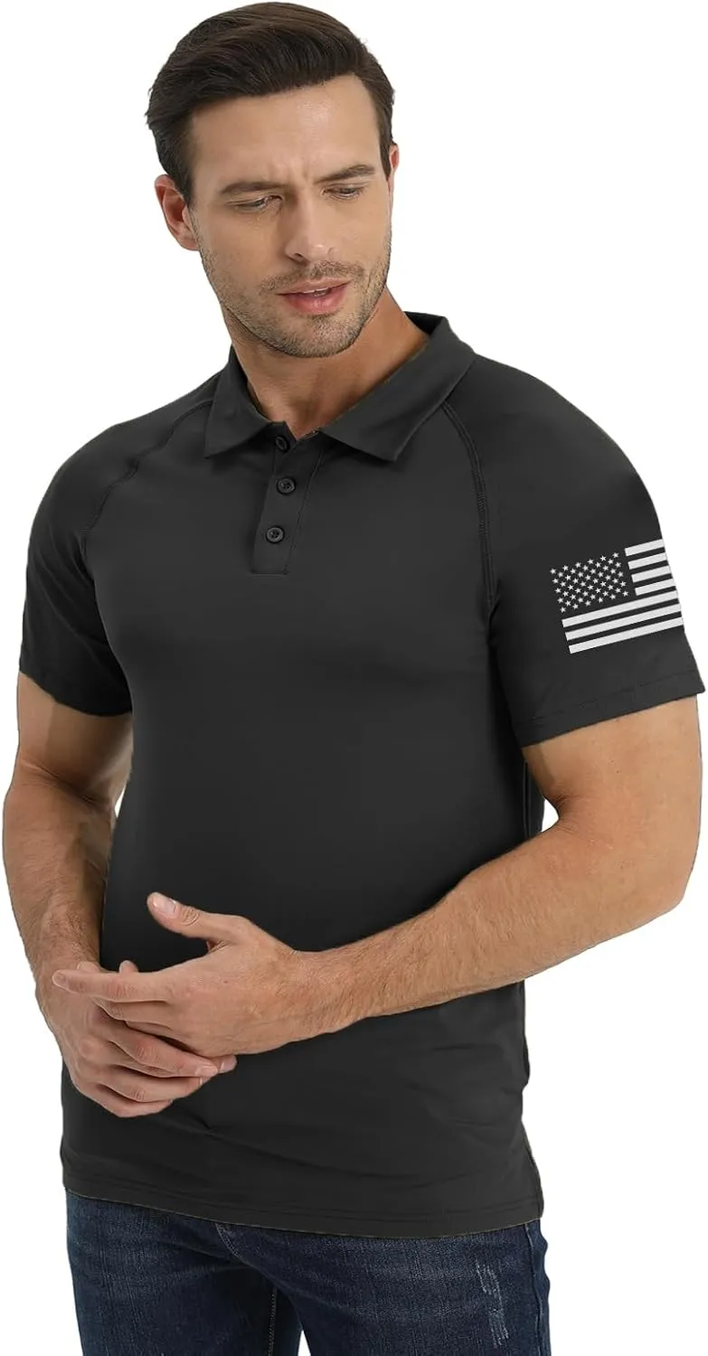 H HYFOL Short Sleeve Polo Shirts for Men Graphic Stretch Casual American Patriotic Raglan Golf Polos for Men