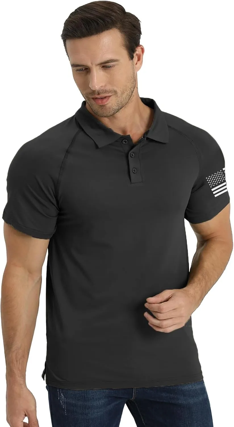 H HYFOL Short Sleeve Polo Shirts for Men Graphic Stretch Casual American Patriotic Raglan Golf Polos for Men