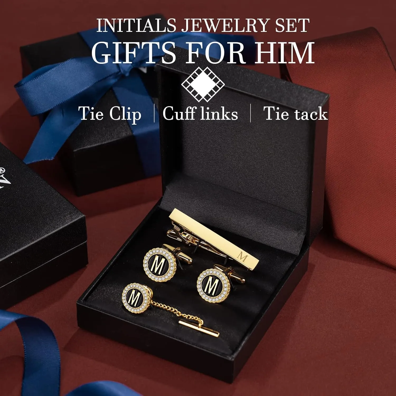 HAWSON Tie Clips, Cufflinks, Tie Tack & Lapel Pins for Men - Suitable for Neckties and French Cuff or Dress Shirt Suits - Jewelry Box Packed, Initials Designed
