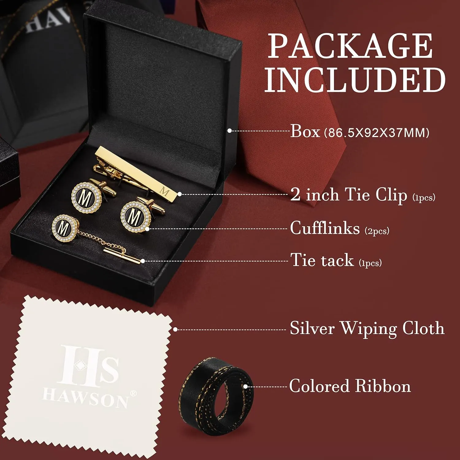 HAWSON Tie Clips, Cufflinks, Tie Tack & Lapel Pins for Men - Suitable for Neckties and French Cuff or Dress Shirt Suits - Jewelry Box Packed, Initials Designed