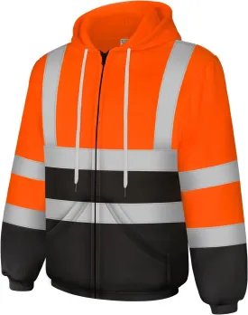 High Visibility Hoodie, Hi Vis Hoodie for Men Women, Class 3 Reflective Sweatshirts with Zipper, Safety Jackets with Black Bottom for Construction, Orange, L