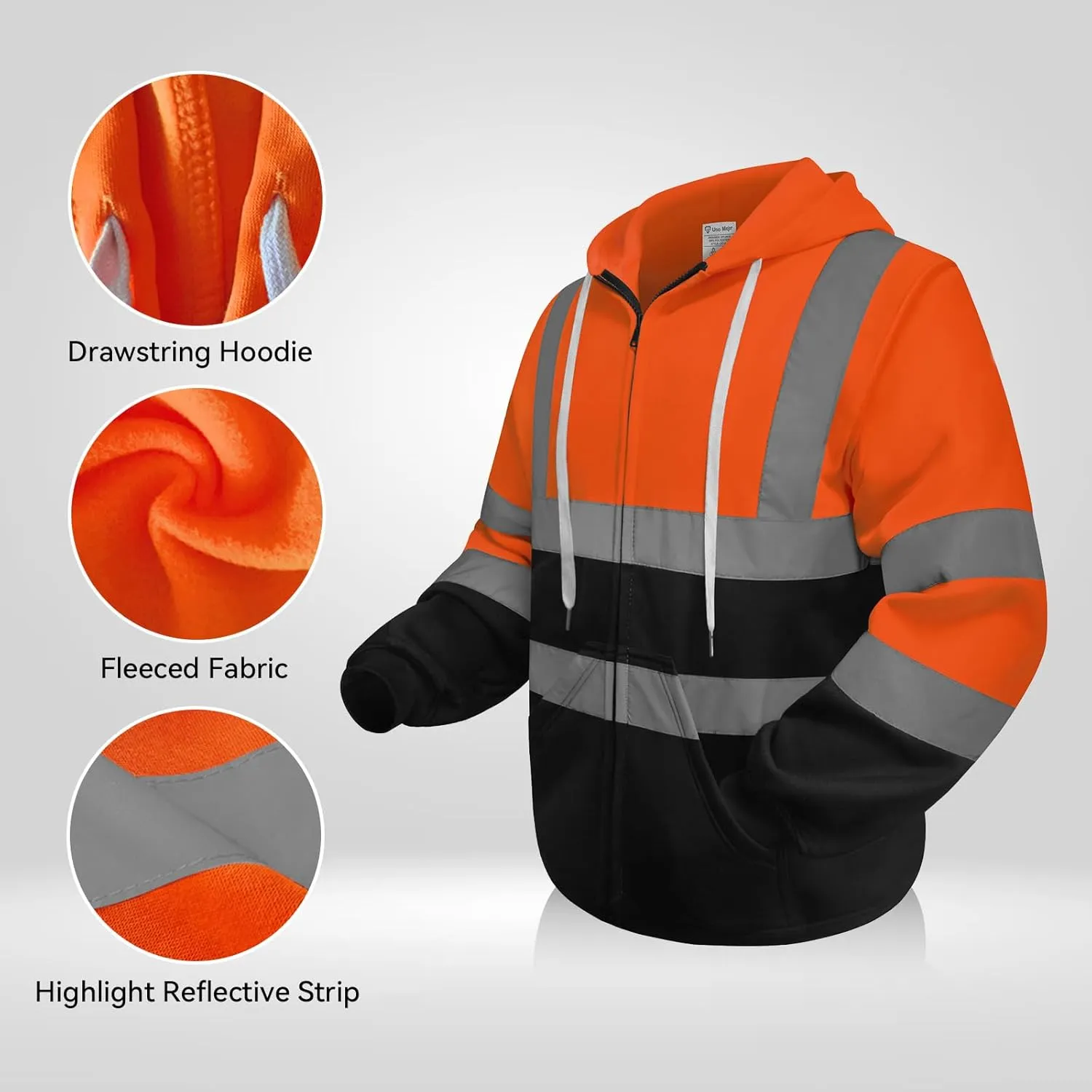 High Visibility Hoodie, Hi Vis Hoodie for Men Women, Class 3 Reflective Sweatshirts with Zipper, Safety Jackets with Black Bottom for Construction, Orange, L