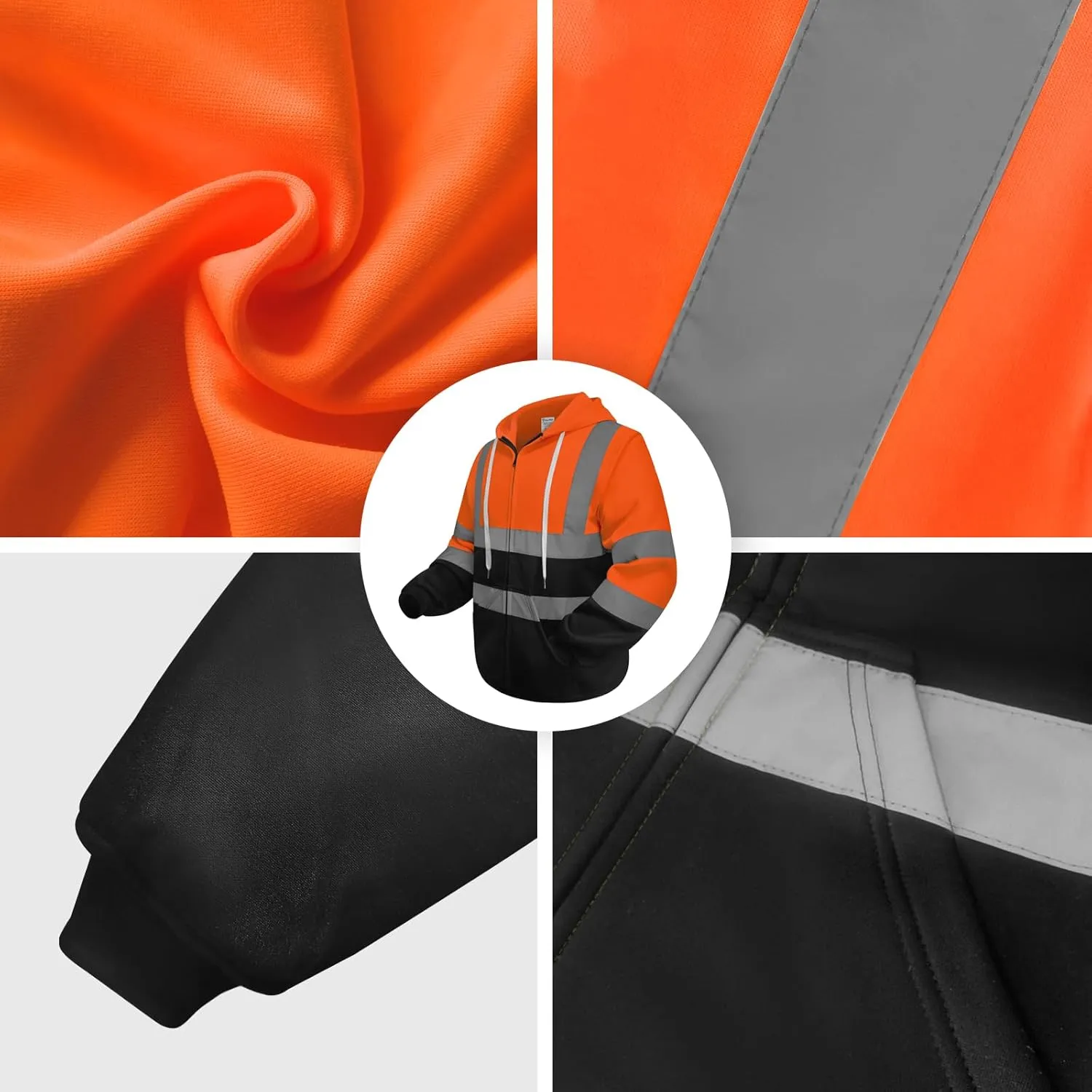 High Visibility Hoodie, Hi Vis Hoodie for Men Women, Class 3 Reflective Sweatshirts with Zipper, Safety Jackets with Black Bottom for Construction, Orange, L