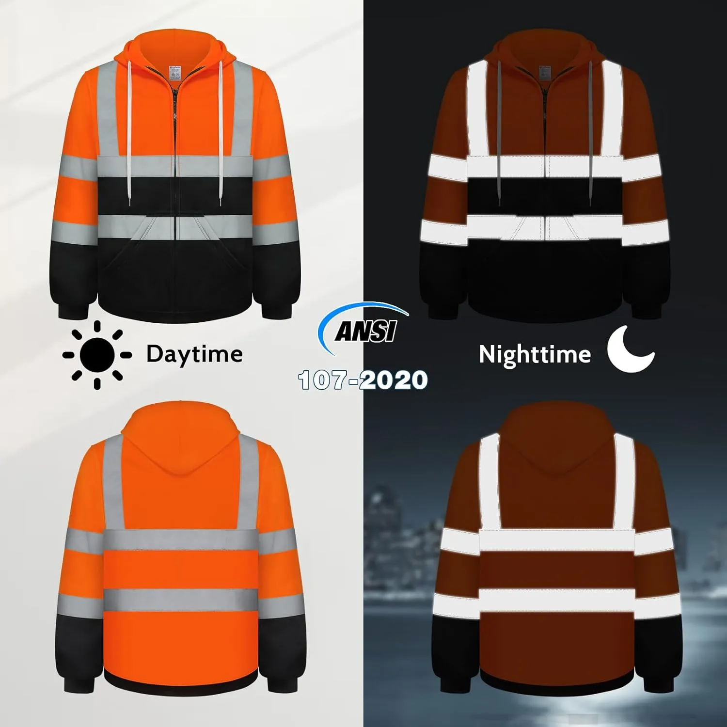 High Visibility Hoodie, Hi Vis Hoodie for Men Women, Class 3 Reflective Sweatshirts with Zipper, Safety Jackets with Black Bottom for Construction, Orange, L