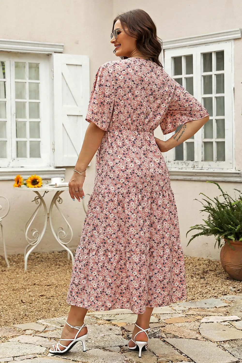 Keluummi Plus Size Summer Wedding Guest Maxi Dresses for Curvy Women, Casual Floral 3/4 Sleeve Emipre Waist V Neck Long Dress