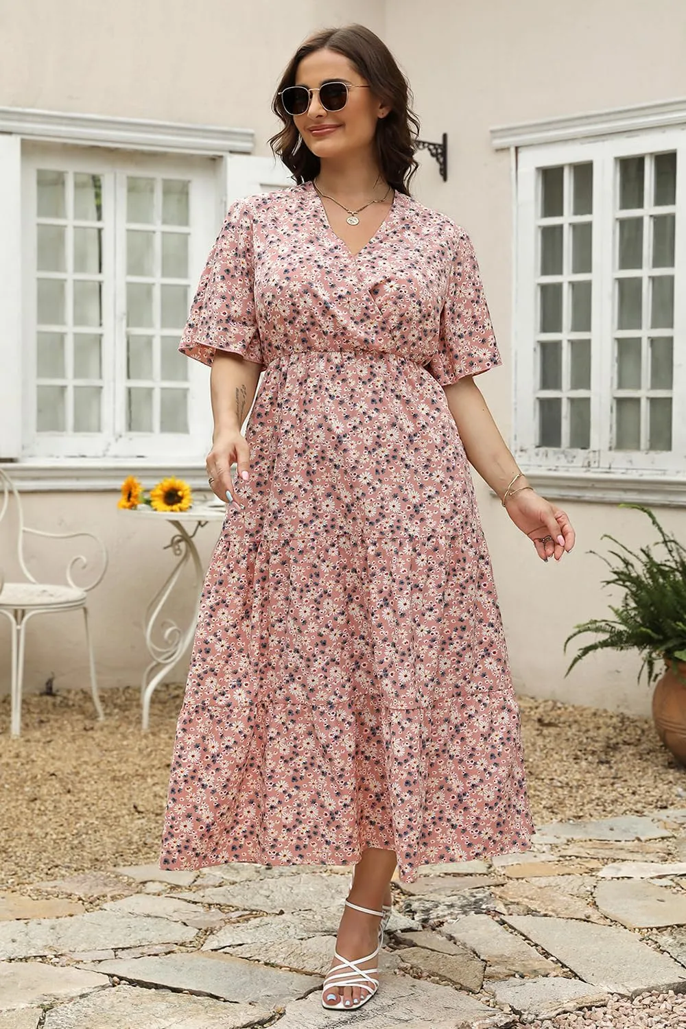 Keluummi Plus Size Summer Wedding Guest Maxi Dresses for Curvy Women, Casual Floral 3/4 Sleeve Emipre Waist V Neck Long Dress