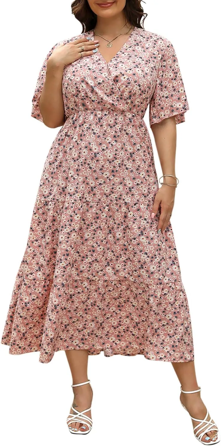 Keluummi Plus Size Summer Wedding Guest Maxi Dresses for Curvy Women, Casual Floral 3/4 Sleeve Emipre Waist V Neck Long Dress