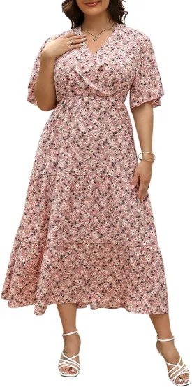 Keluummi Plus Size Summer Wedding Guest Maxi Dresses for Curvy Women, Casual Floral 3/4 Sleeve Emipre Waist V Neck Long Dress