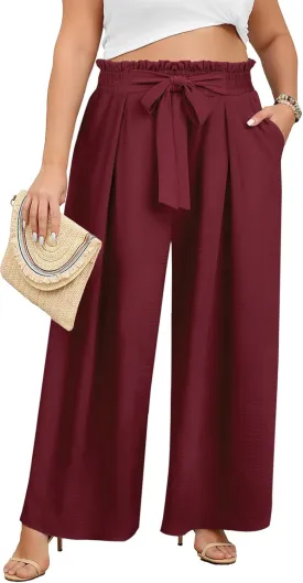 Lastshe Women's Plus Size Pants Wide Leg Work Casual Palazzo Pants Elastic High Waisted Dressy Trousers with Pockets