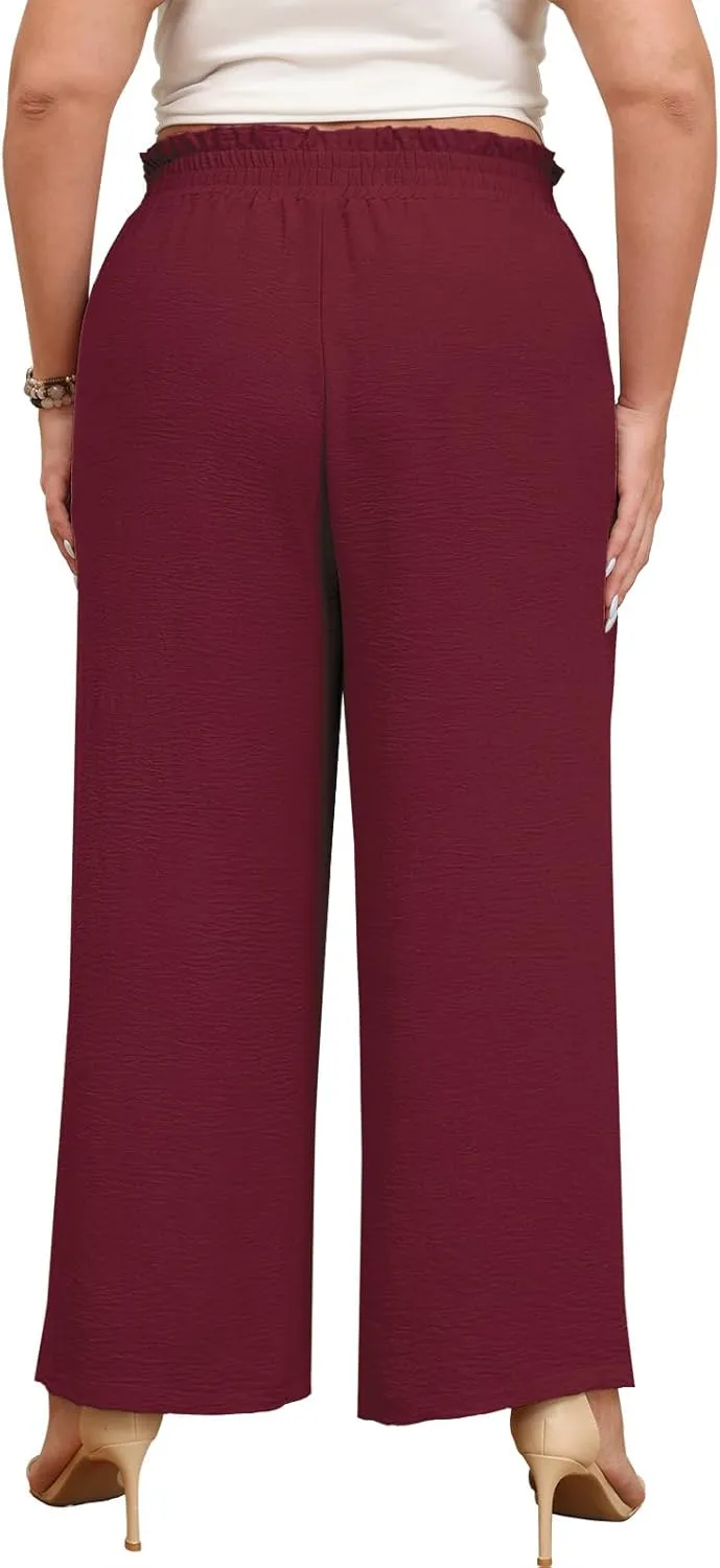 Lastshe Women's Plus Size Pants Wide Leg Work Casual Palazzo Pants Elastic High Waisted Dressy Trousers with Pockets