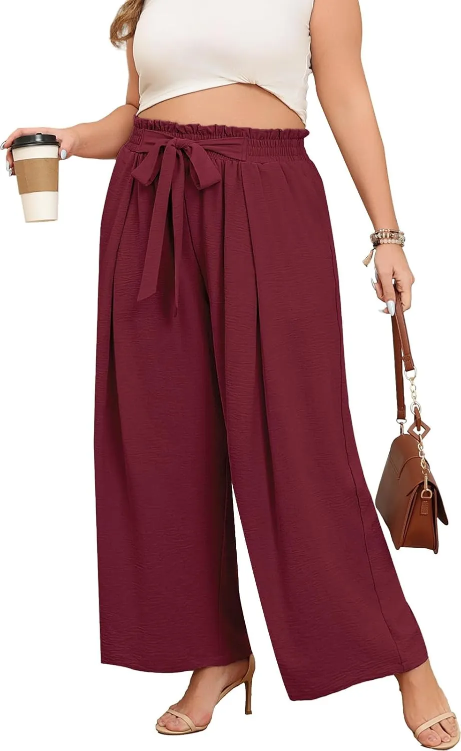 Lastshe Women's Plus Size Pants Wide Leg Work Casual Palazzo Pants Elastic High Waisted Dressy Trousers with Pockets