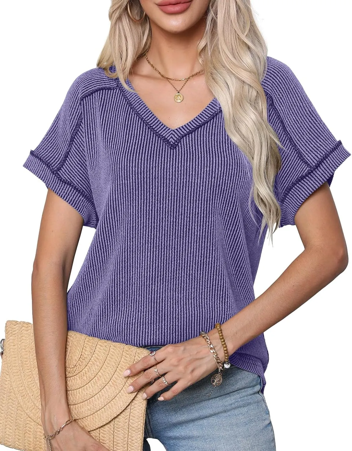 levaca Womens Summer Tops V Neck Cap Short Sleeve Ribbed Tshirts Business Casual Loose Fit Basic Tees Trendy Tunics Clothes